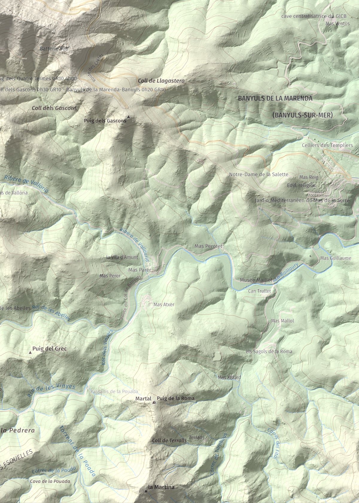 Mapa de relieve de Torre de Madeloc, 656 m, Rosselló, lámina 100 Cims de Trobart. Detalle de la zona inferior derecha. 50 × 70 cm.