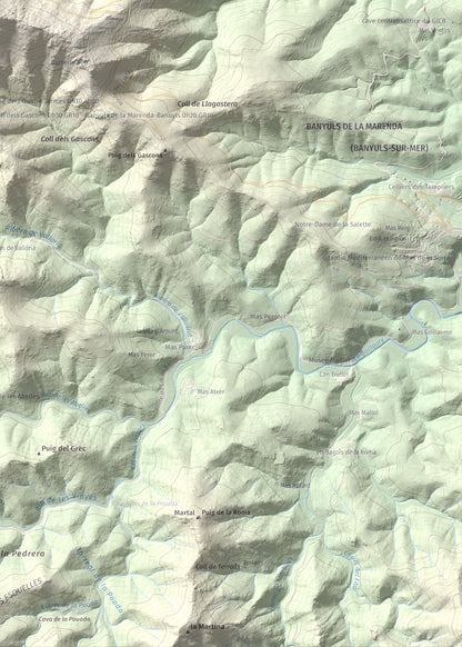 Mapa de relieve de Torre de Madeloc, 656 m, Rosselló, lámina 100 Cims de Trobart. Detalle de la zona inferior derecha. 50 × 70 cm.