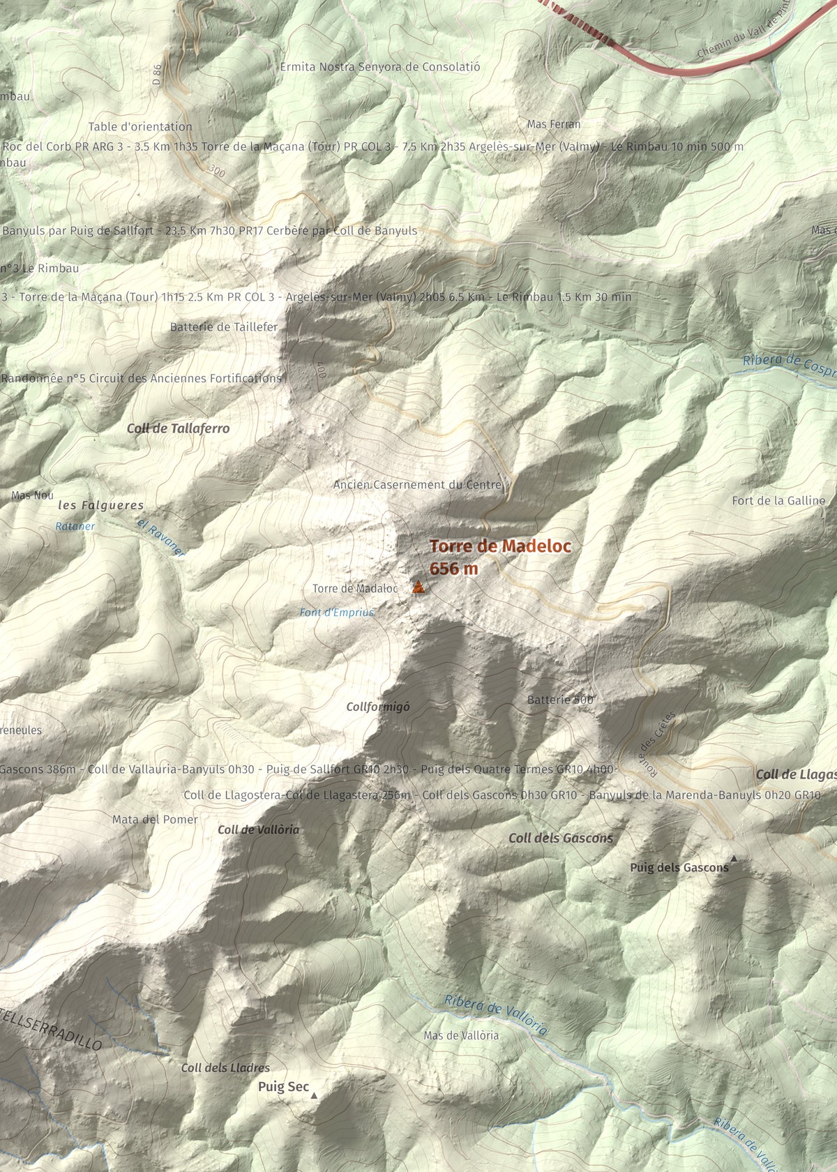 Mapa de relieve de Torre de Madeloc, 656 m, Rosselló, lámina 100 Cims de Trobart. Detalle de la zona central. 50 × 70 cm.