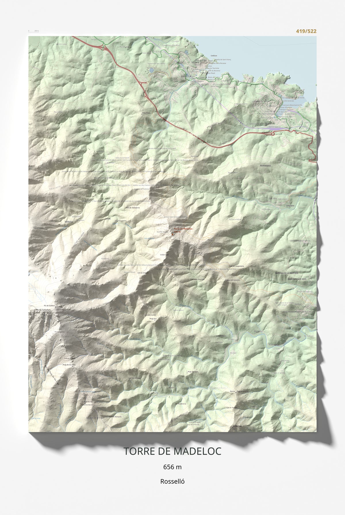 Mapa de relieve de Torre de Madeloc, 656 m, Rosselló, lámina 100 Cims de Trobart 61 × 91 cm.