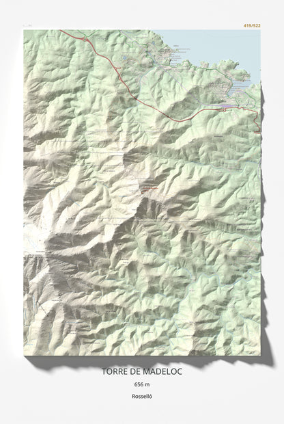 Mapa de relieve de Torre de Madeloc, 656 m, Rosselló, lámina 100 Cims de Trobart 61 × 91 cm.