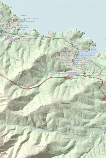 Mapa de relieve de Torre de Madeloc, 656 m, Rosselló, lámina 100 Cims de Trobart. Detalle de la zona superior derecha. 61 × 91 cm.