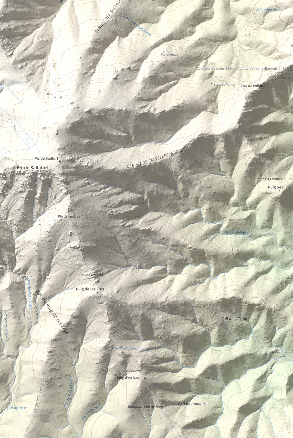 Mapa de relieve de Torre de Madeloc, 656 m, Rosselló, lámina 100 Cims de Trobart. Detalle de la zona inferior izquierda. 61 × 91 cm.