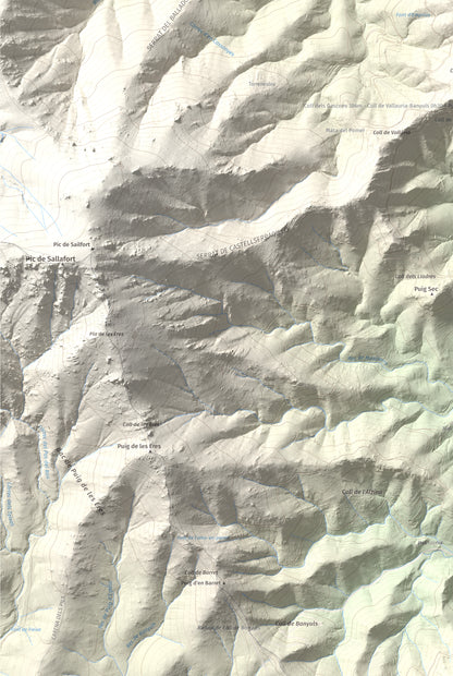 Mapa de relieve de Torre de Madeloc, 656 m, Rosselló, lámina 100 Cims de Trobart. Detalle de la zona inferior izquierda. 61 × 91 cm.