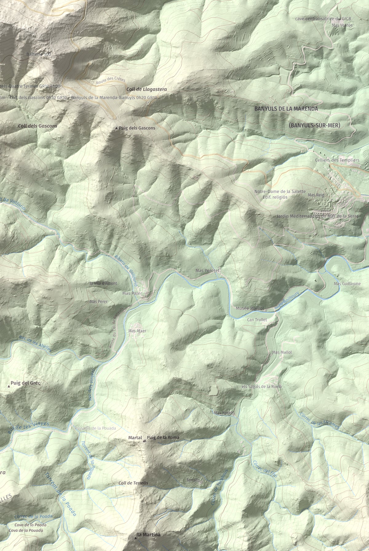Mapa de relieve de Torre de Madeloc, 656 m, Rosselló, lámina 100 Cims de Trobart. Detalle de la zona inferior derecha. 61 × 91 cm.