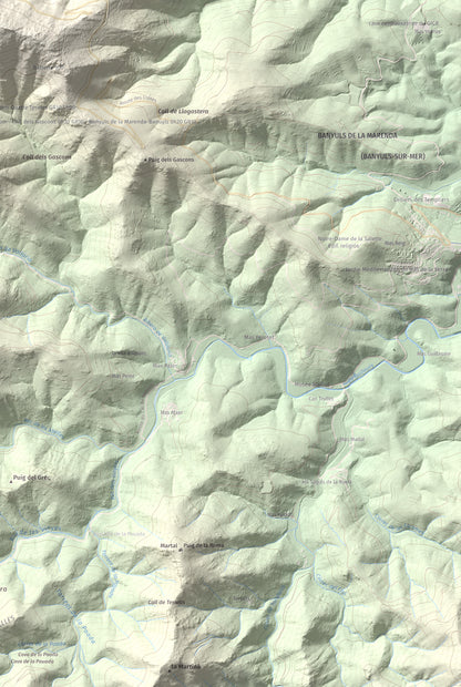 Mapa de relieve de Torre de Madeloc, 656 m, Rosselló, lámina 100 Cims de Trobart. Detalle de la zona inferior derecha. 61 × 91 cm.