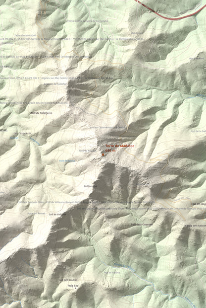 Mapa de relieve de Torre de Madeloc, 656 m, Rosselló, lámina 100 Cims de Trobart. Detalle de la zona central. 61 × 91 cm.
