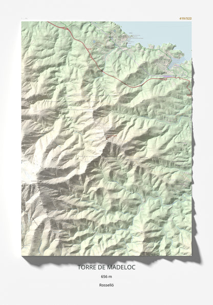 Mapa de relieve de Torre de Madeloc, 656 m, Rosselló, lámina 100 Cims de Trobart 70 × 100 cm.