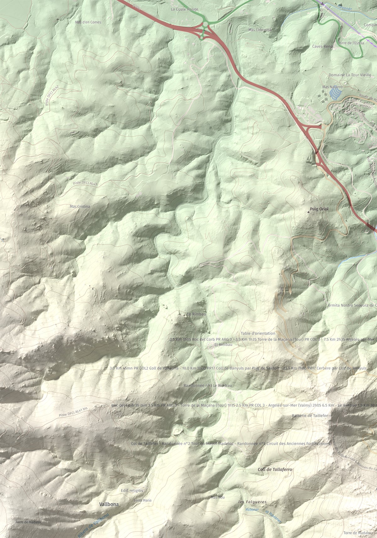 Mapa de relieve de Torre de Madeloc, 656 m, Rosselló, lámina 100 Cims de Trobart. Detalle de la zona superior izquierda. 70 × 100 cm.