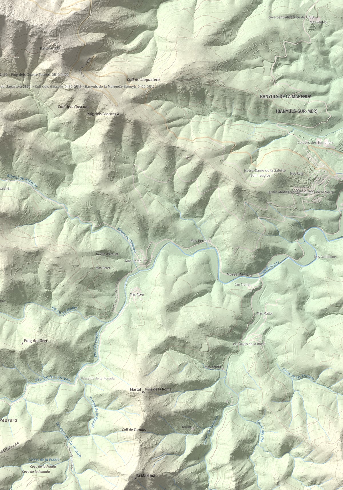 Mapa de relieve de Torre de Madeloc, 656 m, Rosselló, lámina 100 Cims de Trobart. Detalle de la zona inferior derecha. 70 × 100 cm.