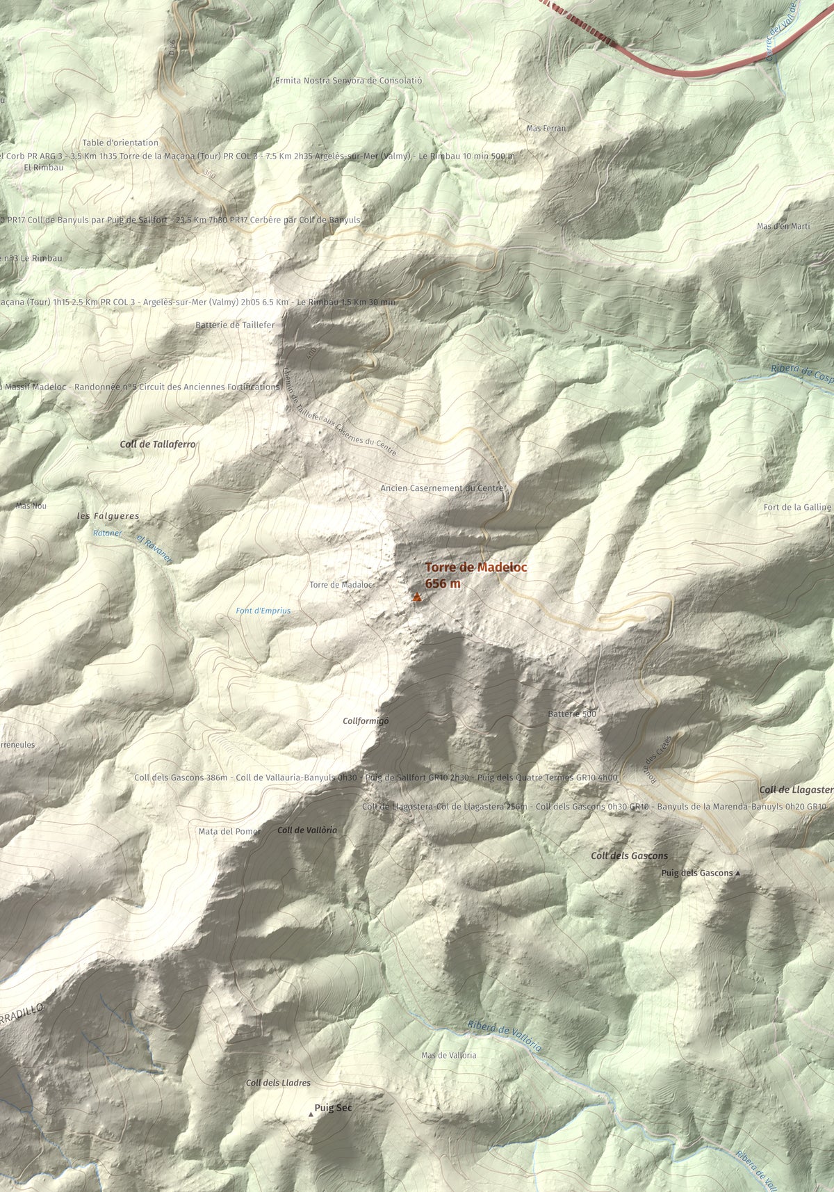 Mapa de relieve de Torre de Madeloc, 656 m, Rosselló, lámina 100 Cims de Trobart. Detalle de la zona central. 70 × 100 cm.