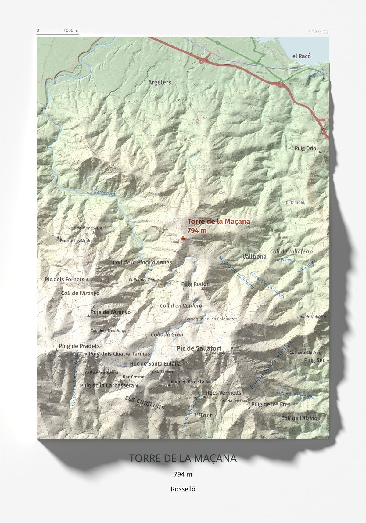 Mapa de relieve de Torre de la Maçana, 794 m, Rosselló, lámina 100 Cims de Trobart 21 × 30 cm.