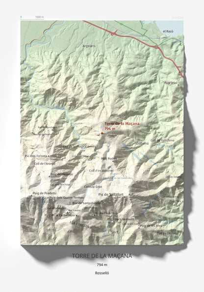 Mapa de relieve de Torre de la Maçana, 794 m, Rosselló, lámina 100 Cims de Trobart 21 × 30 cm.