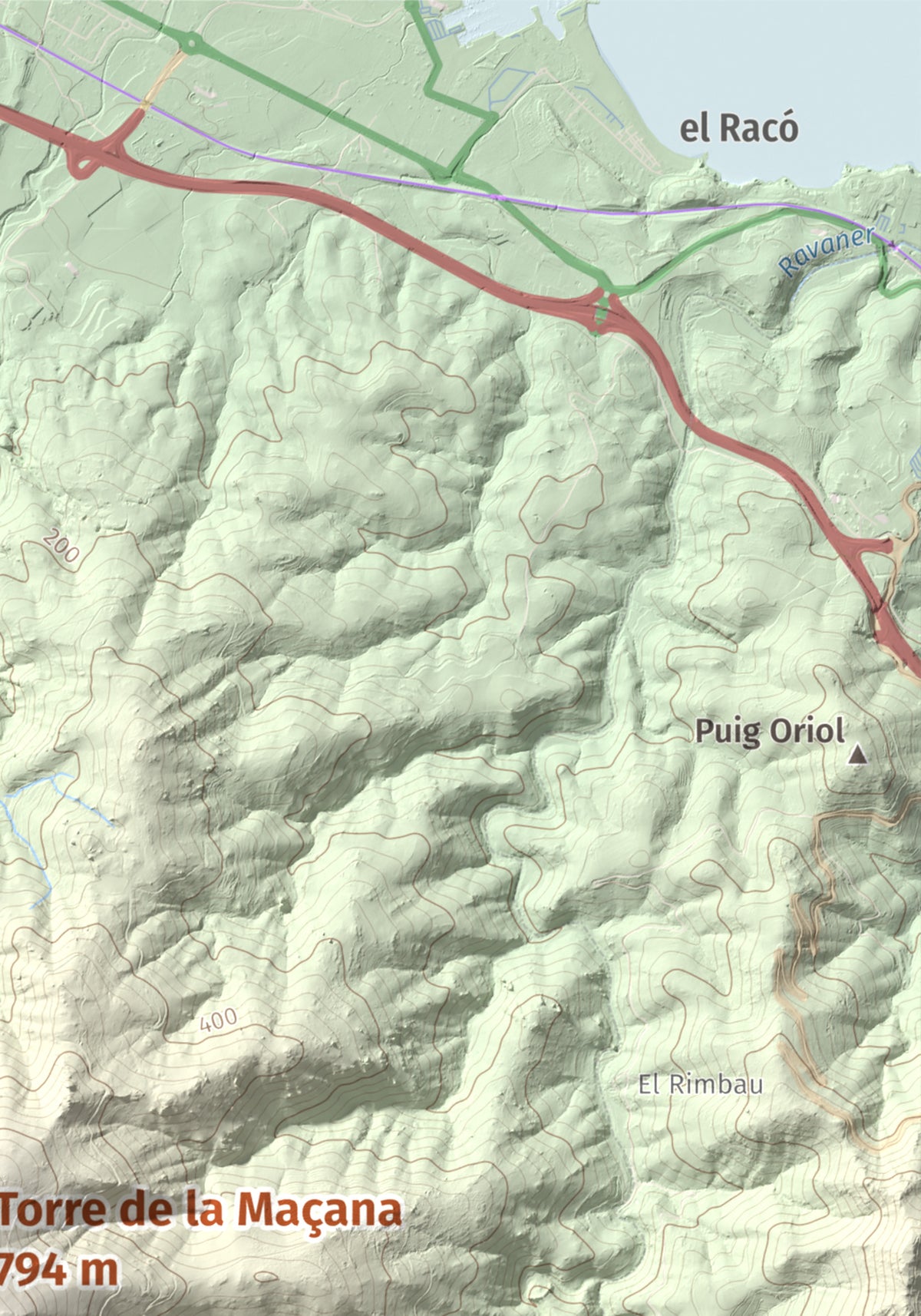 Mapa de relieve de Torre de la Maçana, 794 m, Rosselló, lámina 100 Cims de Trobart. Detalle de la zona superior derecha. 21 × 30 cm.