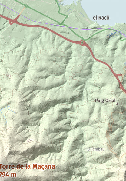 Mapa de relieve de Torre de la Maçana, 794 m, Rosselló, lámina 100 Cims de Trobart. Detalle de la zona superior derecha. 21 × 30 cm.