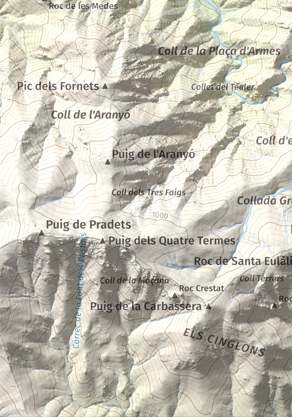 Mapa de relieve de Torre de la Maçana, 794 m, Rosselló, lámina 100 Cims de Trobart. Detalle de la zona inferior izquierda. 21 × 30 cm.