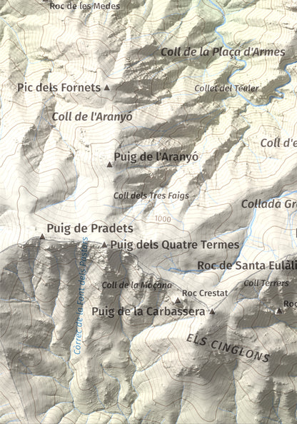 Mapa de relieve de Torre de la Maçana, 794 m, Rosselló, lámina 100 Cims de Trobart. Detalle de la zona inferior izquierda. 21 × 30 cm.