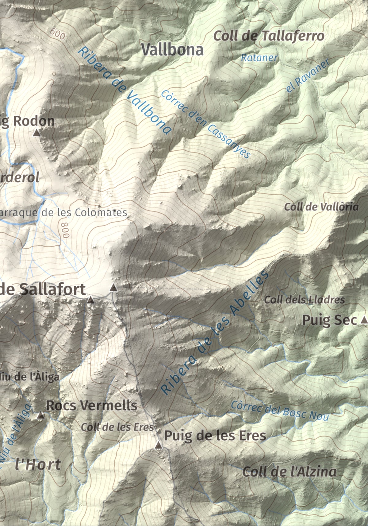 Mapa de relieve de Torre de la Maçana, 794 m, Rosselló, lámina 100 Cims de Trobart. Detalle de la zona inferior derecha. 21 × 30 cm.