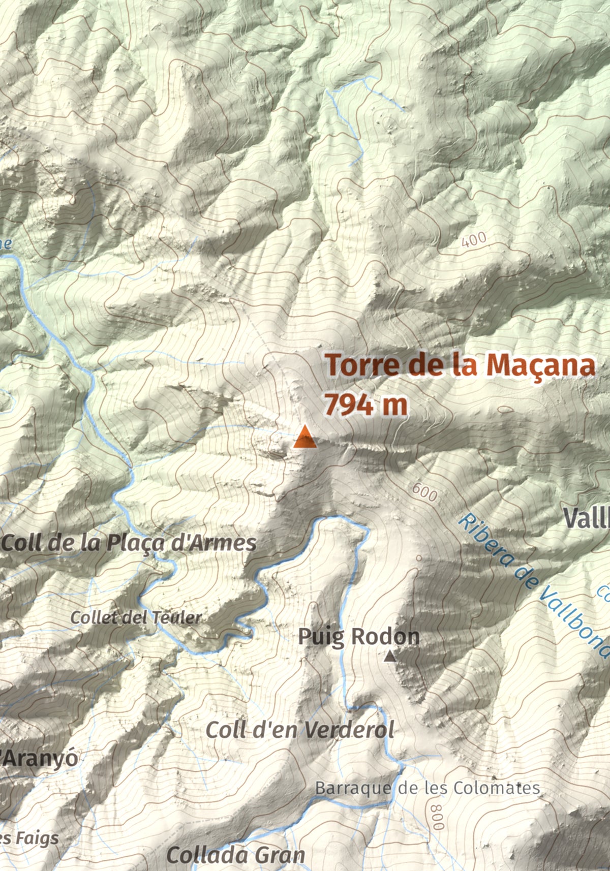 Mapa de relieve de Torre de la Maçana, 794 m, Rosselló, lámina 100 Cims de Trobart. Detalle de la zona central. 21 × 30 cm.