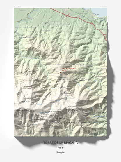 Mapa de relieve de Torre de la Maçana, 794 m, Rosselló, lámina 100 Cims de Trobart 30 × 40 cm.