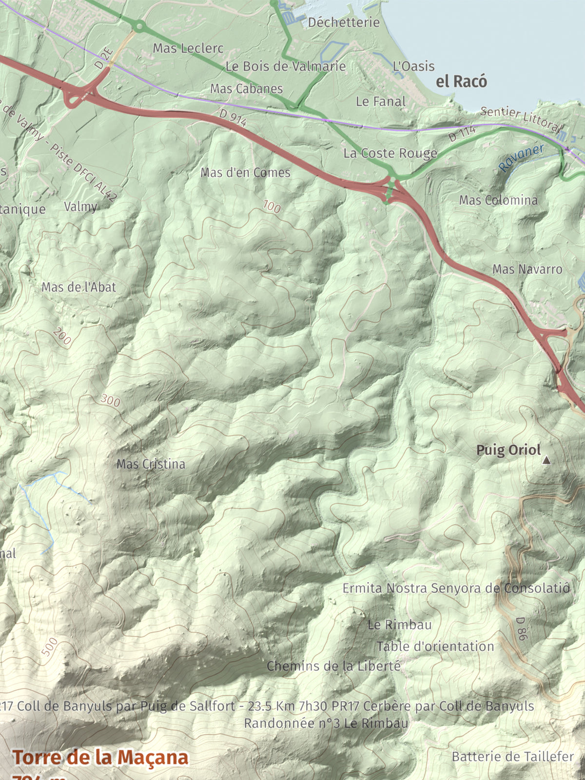 Mapa de relieve de Torre de la Maçana, 794 m, Rosselló, lámina 100 Cims de Trobart. Detalle de la zona superior derecha. 30 × 40 cm.