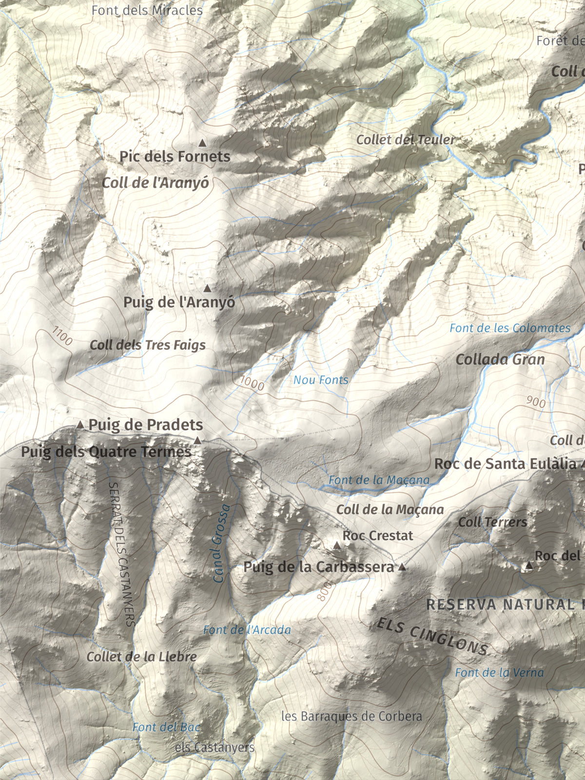 Mapa de relieve de Torre de la Maçana, 794 m, Rosselló, lámina 100 Cims de Trobart. Detalle de la zona inferior izquierda. 30 × 40 cm.