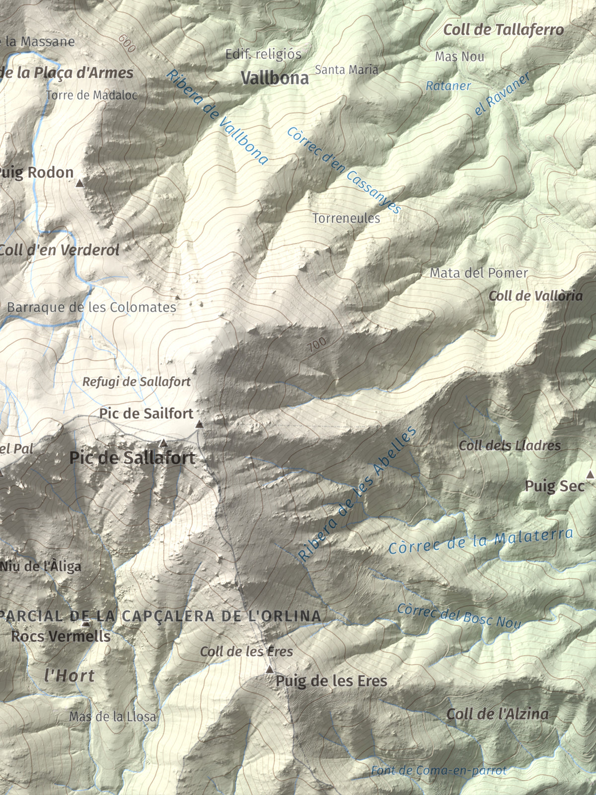 Mapa de relieve de Torre de la Maçana, 794 m, Rosselló, lámina 100 Cims de Trobart. Detalle de la zona inferior derecha. 30 × 40 cm.