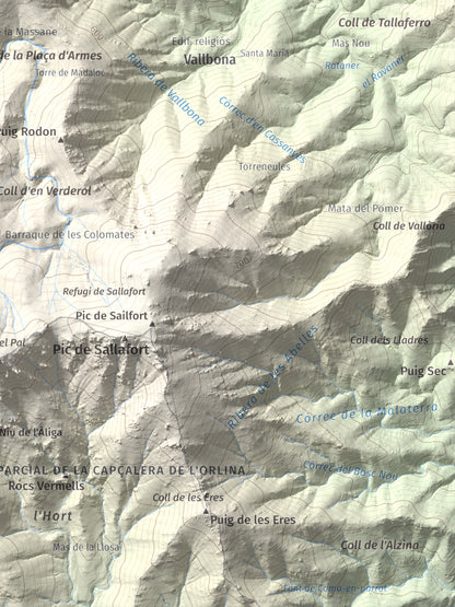 Mapa de relieve de Torre de la Maçana, 794 m, Rosselló, lámina 100 Cims de Trobart. Detalle de la zona inferior derecha. 30 × 40 cm.