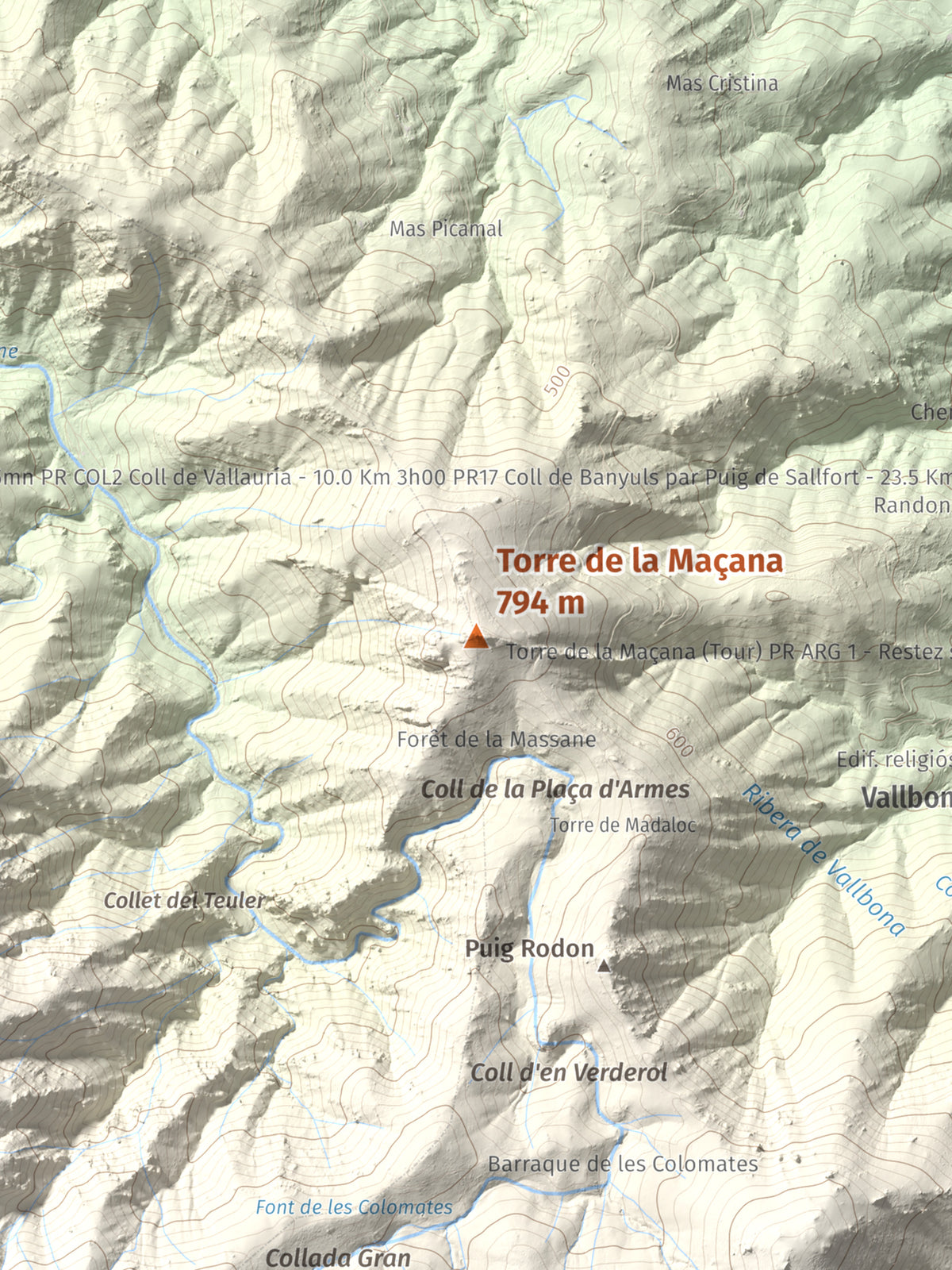 Mapa de relieve de Torre de la Maçana, 794 m, Rosselló, lámina 100 Cims de Trobart. Detalle de la zona central. 30 × 40 cm.