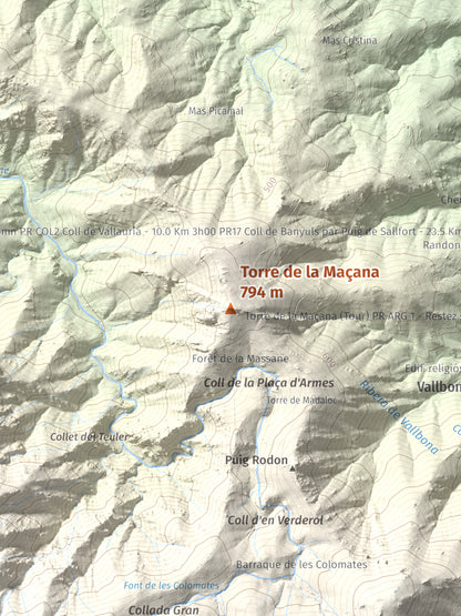 Mapa de relieve de Torre de la Maçana, 794 m, Rosselló, lámina 100 Cims de Trobart. Detalle de la zona central. 30 × 40 cm.