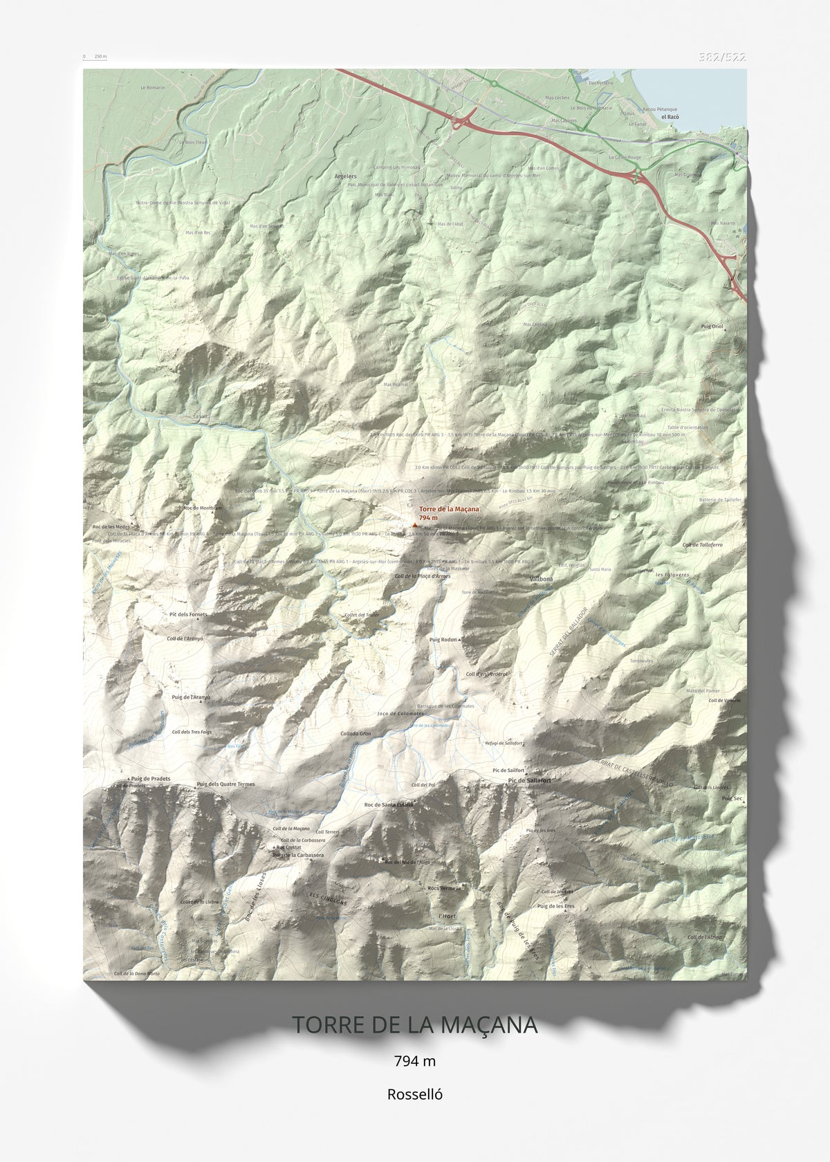 Mapa de relieve de Torre de la Maçana, 794 m, Rosselló, lámina 100 Cims de Trobart 50 × 70 cm.