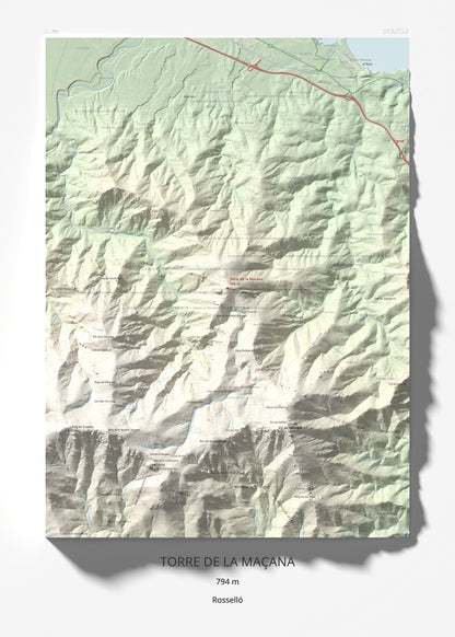 Mapa de relieve de Torre de la Maçana, 794 m, Rosselló, lámina 100 Cims de Trobart 50 × 70 cm.