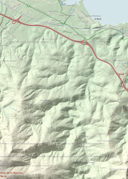 Mapa de relieve de Torre de la Maçana, 794 m, Rosselló, lámina 100 Cims de Trobart. Detalle de la zona superior derecha. 50 × 70 cm.