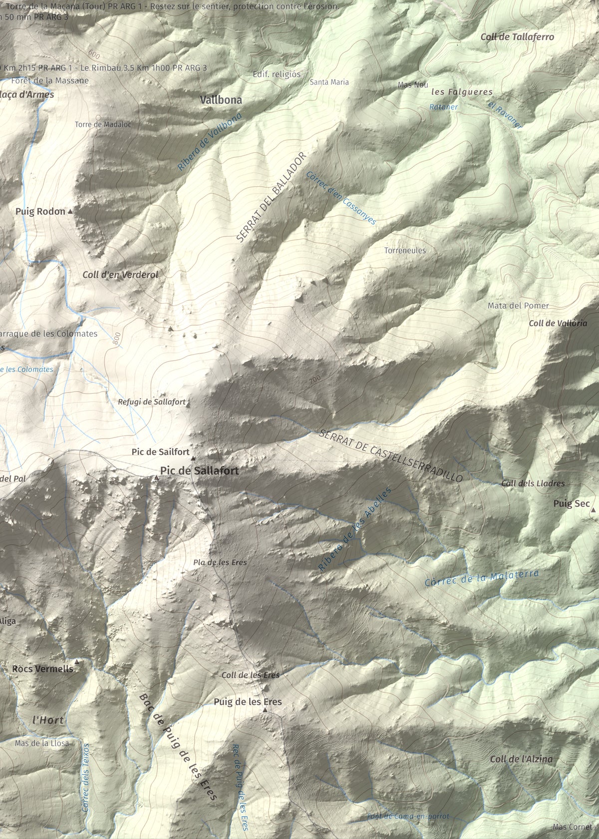 Mapa de relieve de Torre de la Maçana, 794 m, Rosselló, lámina 100 Cims de Trobart. Detalle de la zona inferior derecha. 50 × 70 cm.