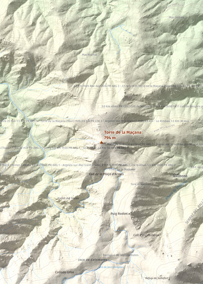 Mapa de relieve de Torre de la Maçana, 794 m, Rosselló, lámina 100 Cims de Trobart. Detalle de la zona central. 50 × 70 cm.