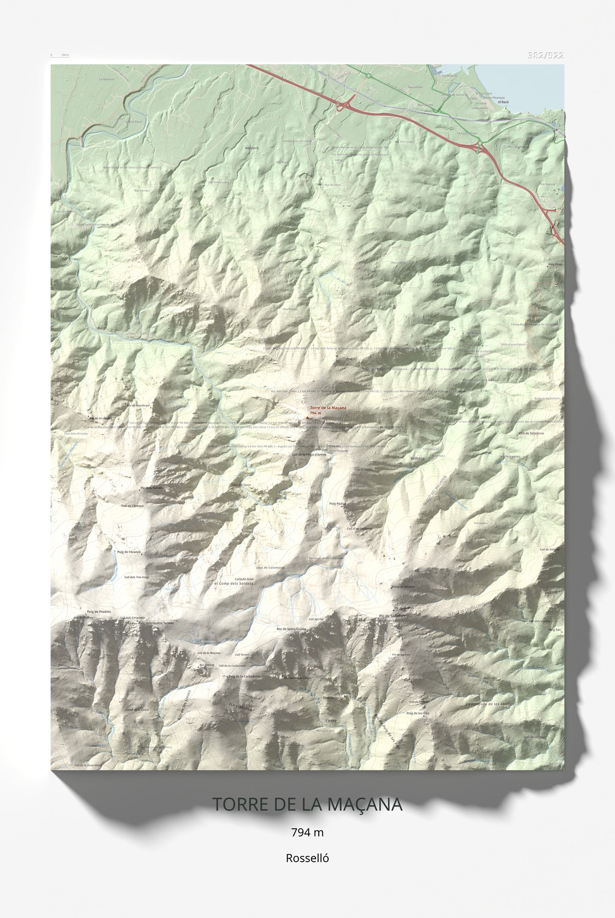 Mapa de relieve de Torre de la Maçana, 794 m, Rosselló, lámina 100 Cims de Trobart 61 × 91 cm.