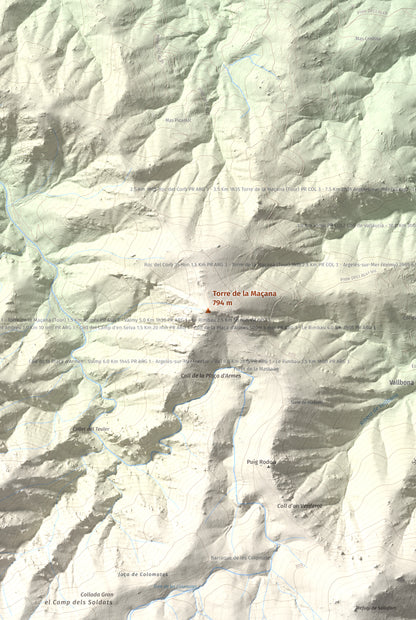 Mapa de relieve de Torre de la Maçana, 794 m, Rosselló, lámina 100 Cims de Trobart. Detalle de la zona central. 61 × 91 cm.
