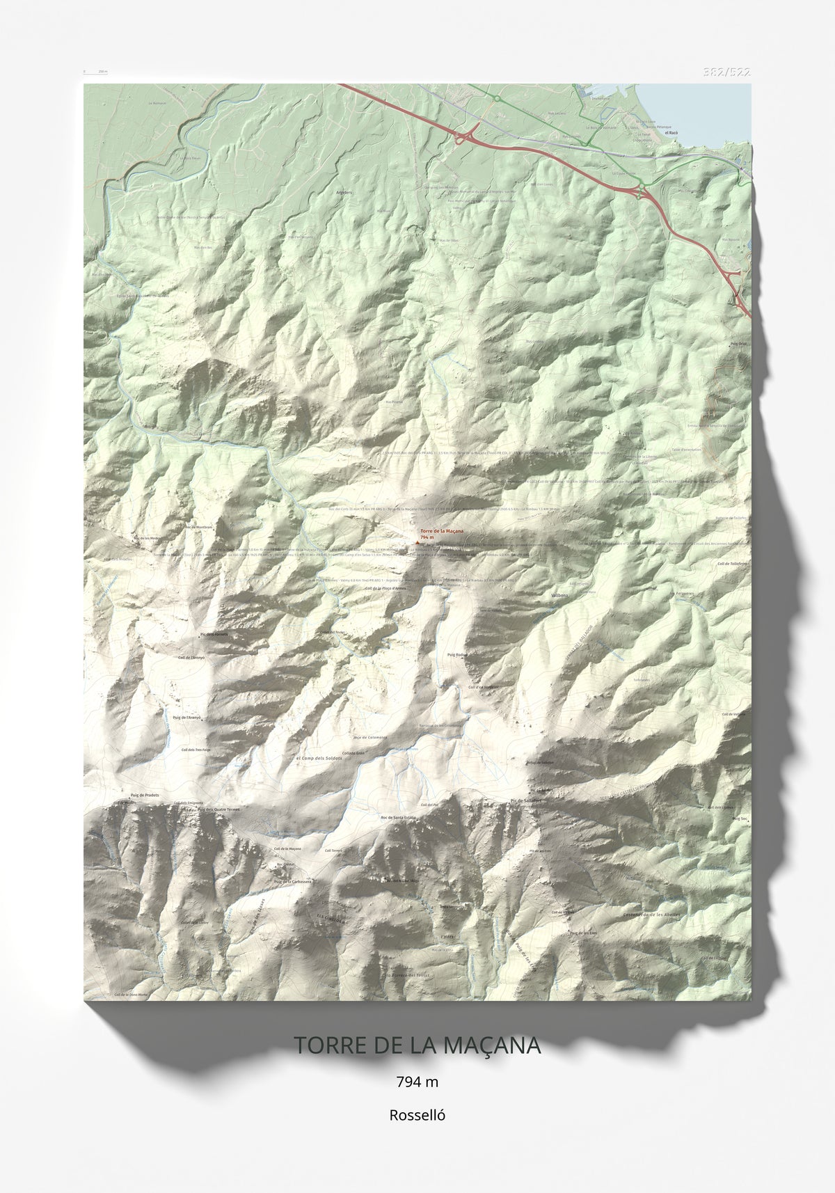 Mapa de relieve de Torre de la Maçana, 794 m, Rosselló, lámina 100 Cims de Trobart 70 × 100 cm.