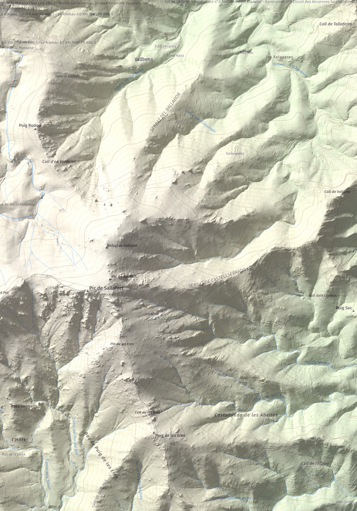 Mapa de relieve de Torre de la Maçana, 794 m, Rosselló, lámina 100 Cims de Trobart. Detalle de la zona inferior derecha. 70 × 100 cm.