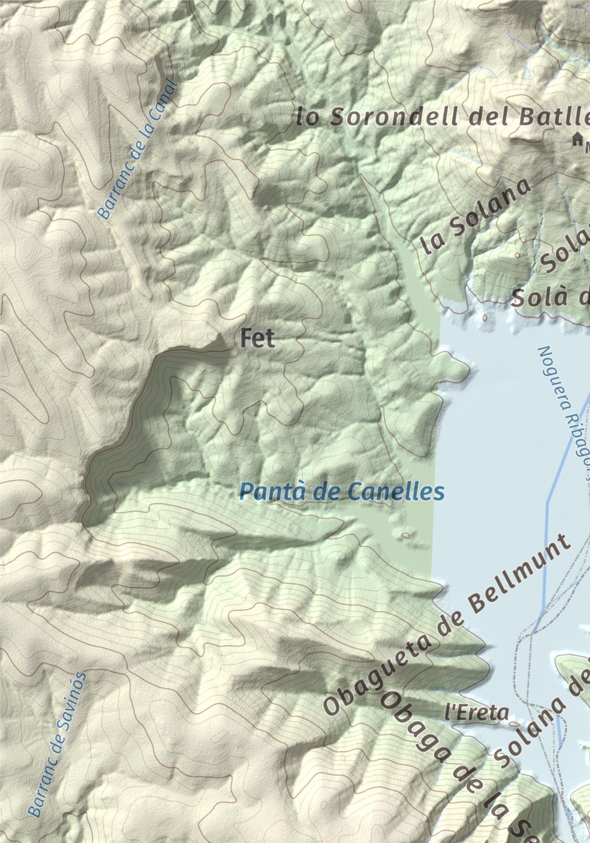 Mapa de relieve de Torre de les Conclues, 699 m, Noguera, lámina 100 Cims de Trobart. Detalle de la zona superior izquierda. 21 × 30 cm.