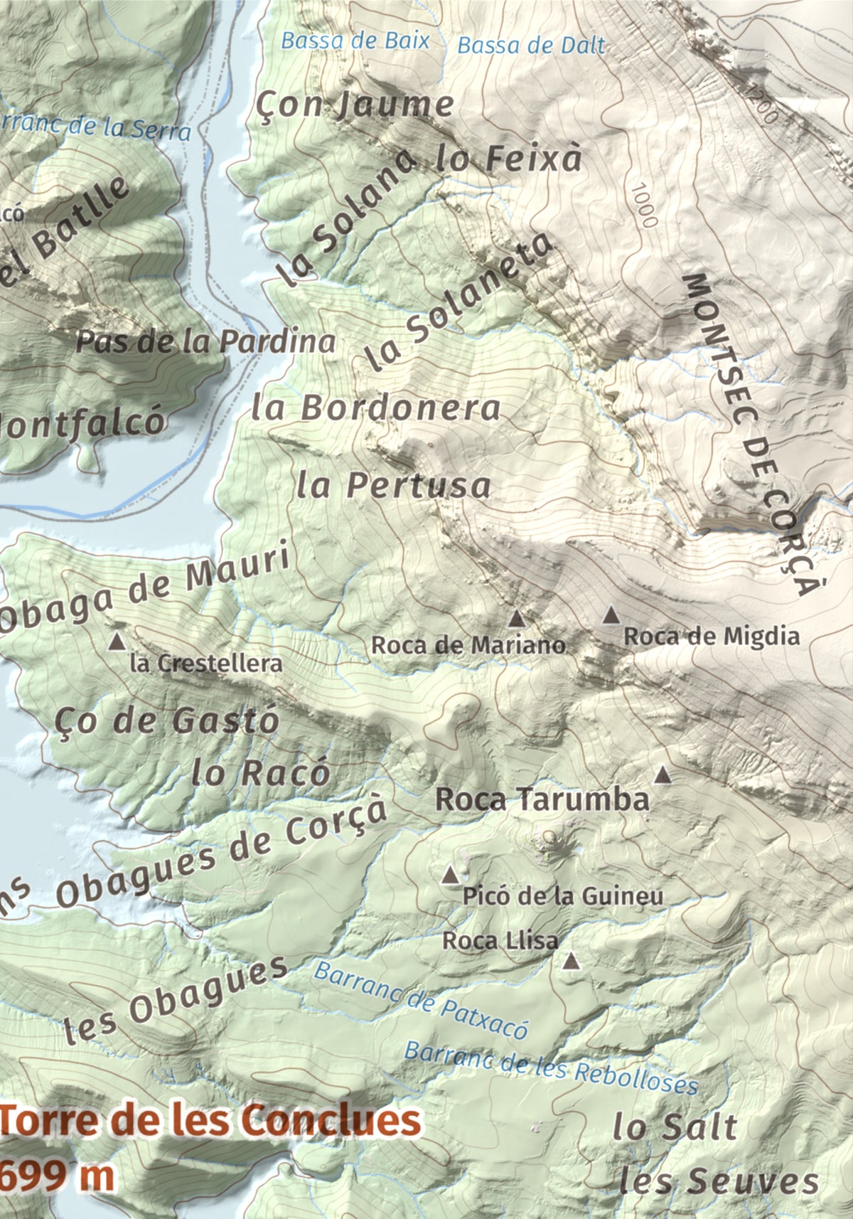 Mapa de relieve de Torre de les Conclues, 699 m, Noguera, lámina 100 Cims de Trobart. Detalle de la zona superior derecha. 21 × 30 cm.