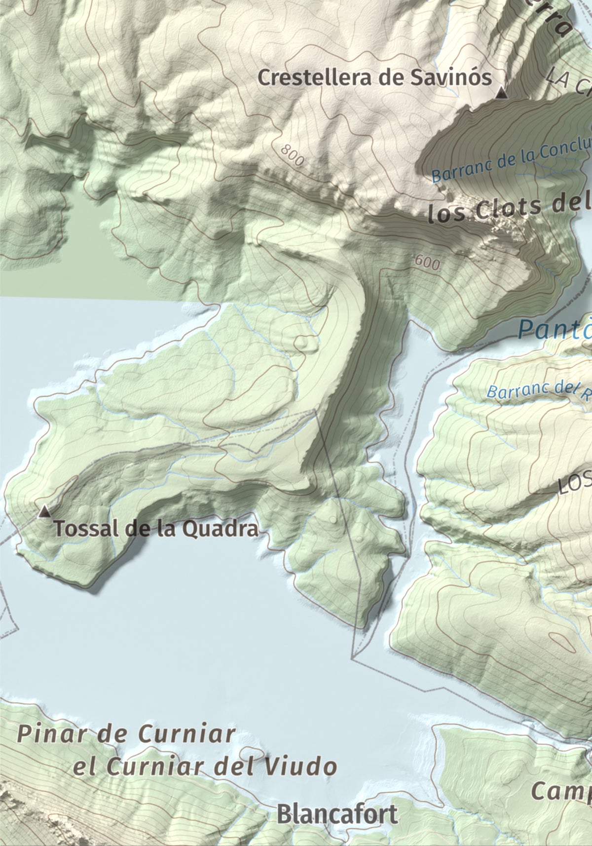 Mapa de relieve de Torre de les Conclues, 699 m, Noguera, lámina 100 Cims de Trobart. Detalle de la zona inferior izquierda. 21 × 30 cm.