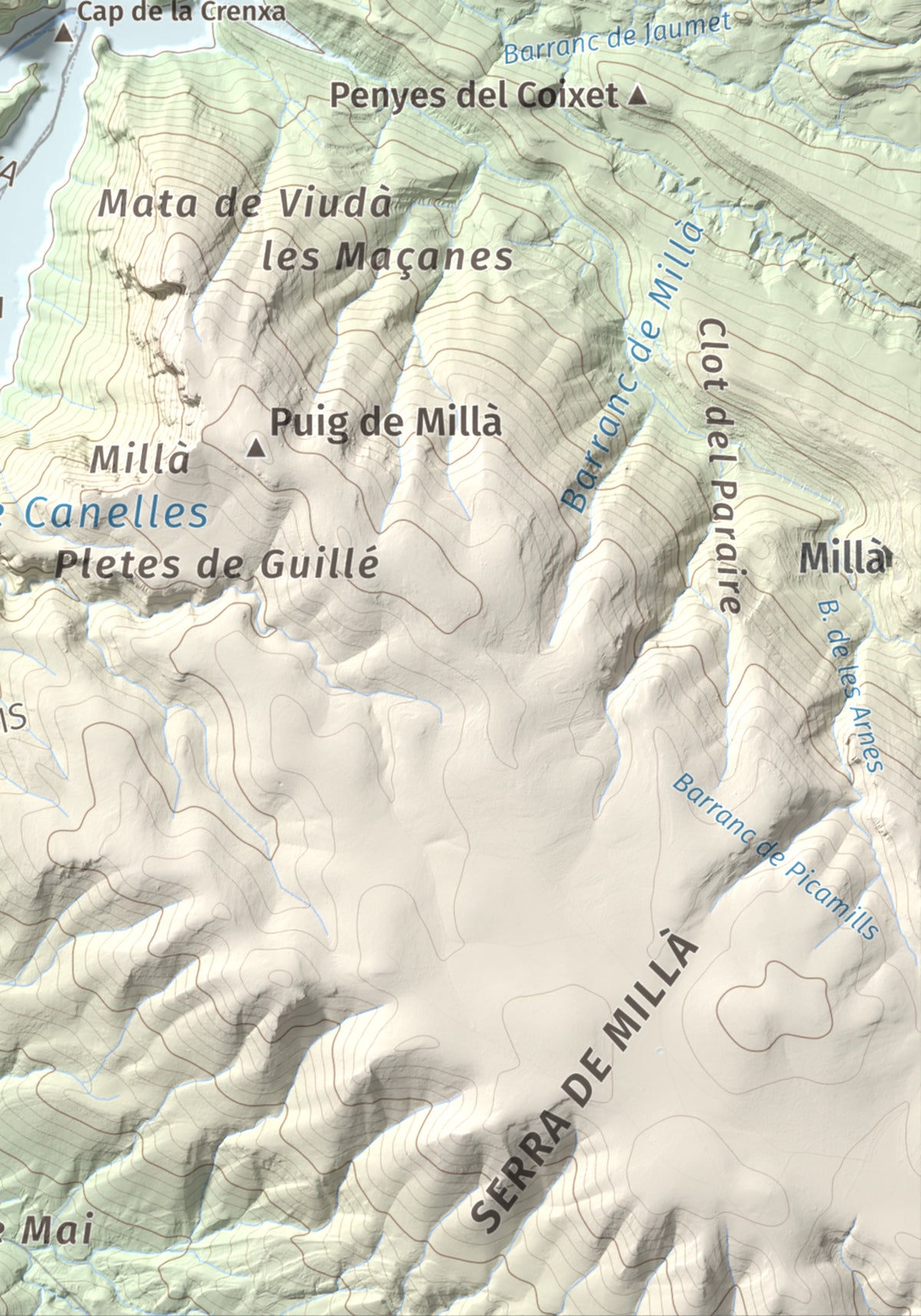 Mapa de relieve de Torre de les Conclues, 699 m, Noguera, lámina 100 Cims de Trobart. Detalle de la zona inferior derecha. 21 × 30 cm.