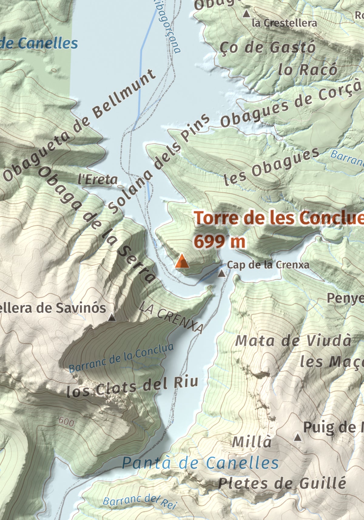 Mapa de relieve de Torre de les Conclues, 699 m, Noguera, lámina 100 Cims de Trobart. Detalle de la zona central. 21 × 30 cm.