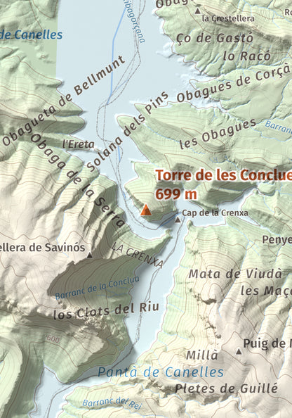 Mapa de relieve de Torre de les Conclues, 699 m, Noguera, lámina 100 Cims de Trobart. Detalle de la zona central. 21 × 30 cm.