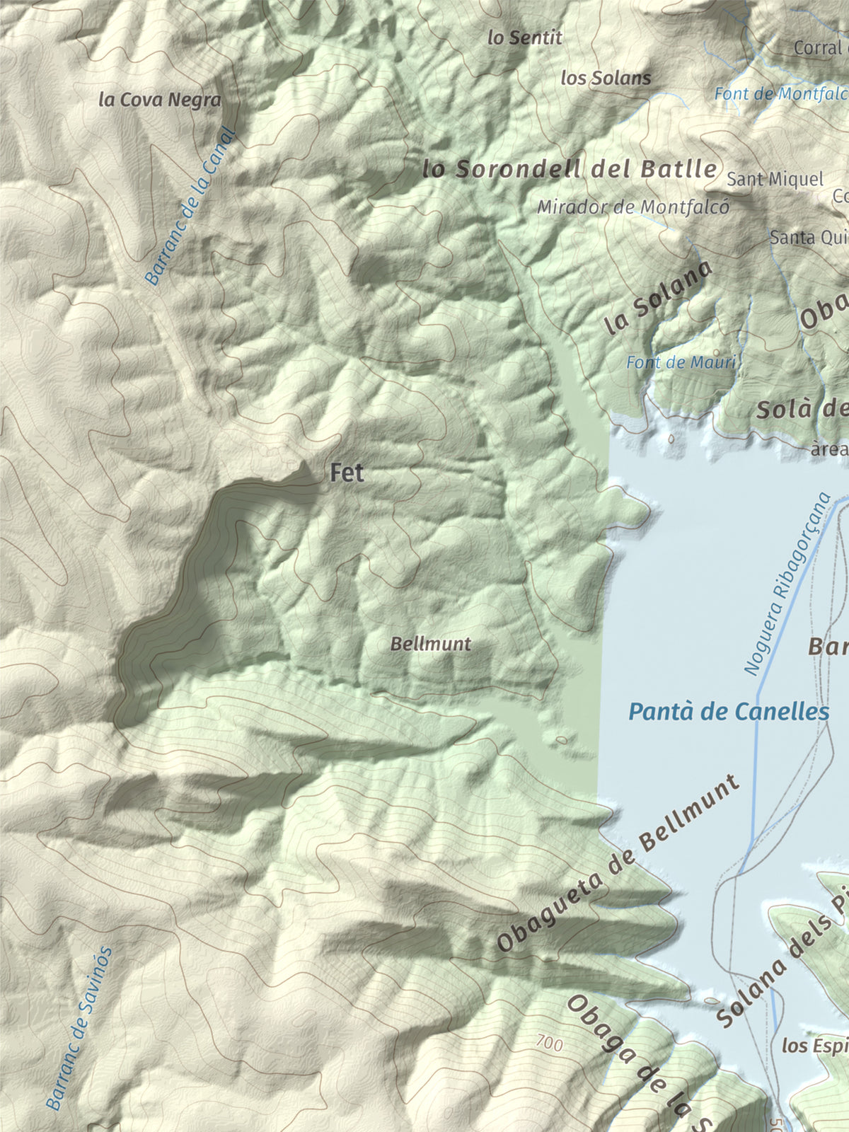 Mapa de relieve de Torre de les Conclues, 699 m, Noguera, lámina 100 Cims de Trobart. Detalle de la zona superior izquierda. 30 × 40 cm.