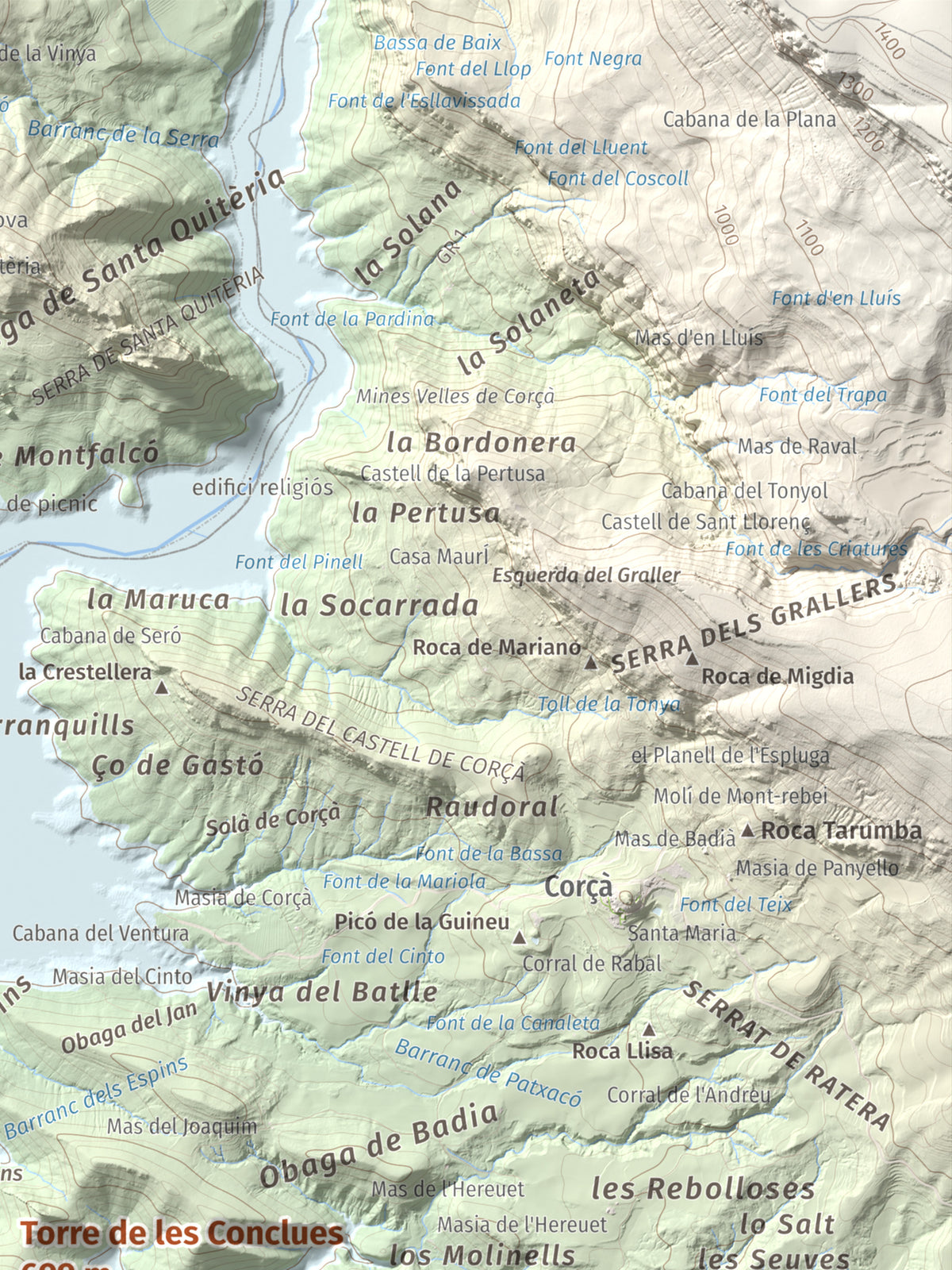 Mapa de relieve de Torre de les Conclues, 699 m, Noguera, lámina 100 Cims de Trobart. Detalle de la zona superior derecha. 30 × 40 cm.