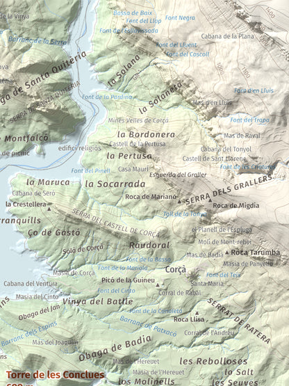 Mapa de relieve de Torre de les Conclues, 699 m, Noguera, lámina 100 Cims de Trobart. Detalle de la zona superior derecha. 30 × 40 cm.