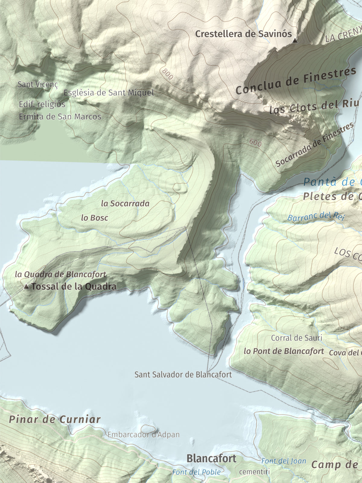 Mapa de relieve de Torre de les Conclues, 699 m, Noguera, lámina 100 Cims de Trobart. Detalle de la zona inferior izquierda. 30 × 40 cm.