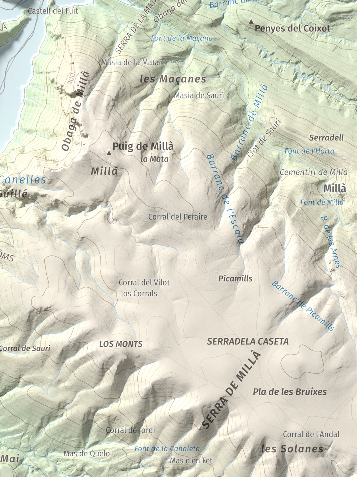 Mapa de relieve de Torre de les Conclues, 699 m, Noguera, lámina 100 Cims de Trobart. Detalle de la zona inferior derecha. 30 × 40 cm.